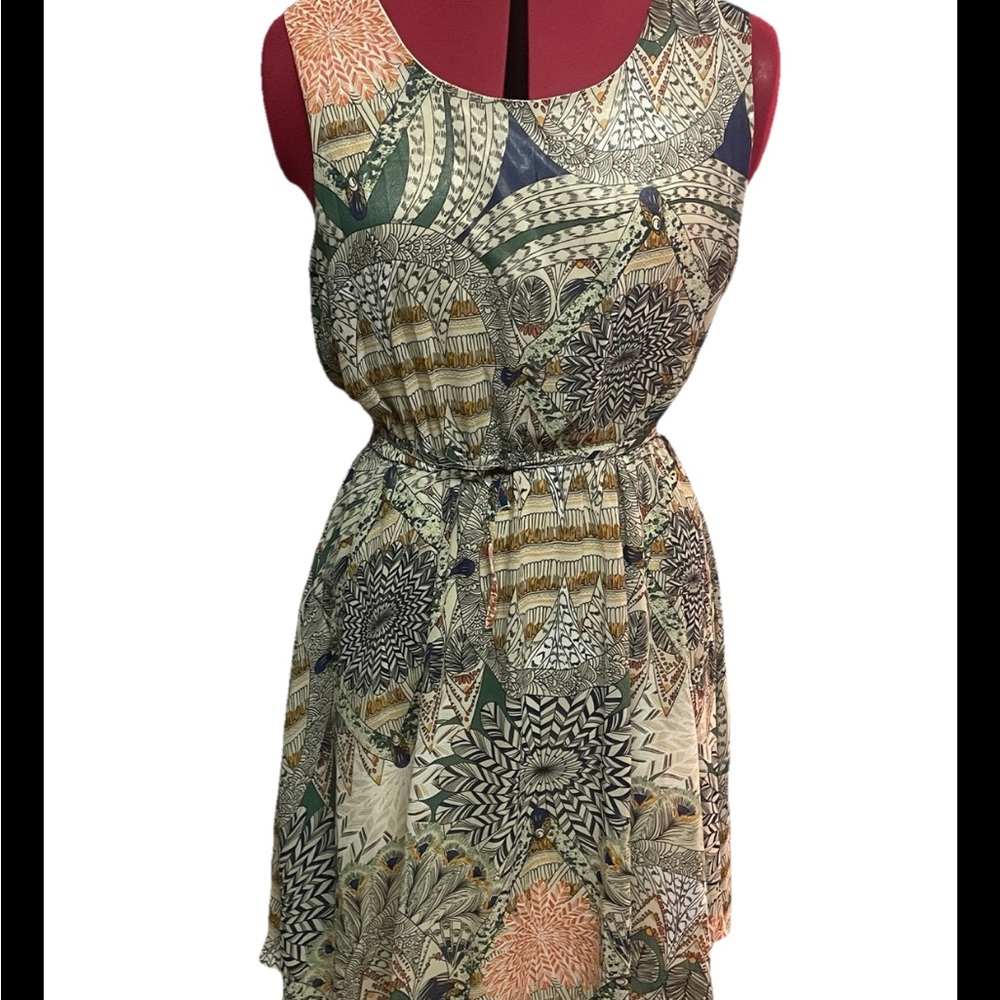 LA SOUL Dress Sleeveless A-Line Tie Waist Abstract Peacock Print Artsy Boho Sz S